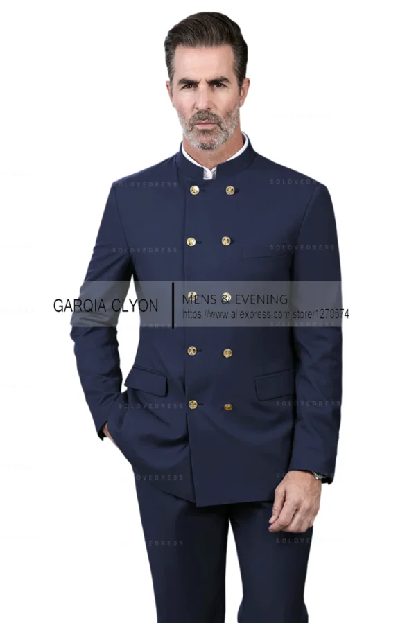 2 Piece Stand Collar Double-Breasted Chinese Style Men's Suits With 3 Real Pocket Wedding SuitsTailored Fit (Blazer+Pants) - Image 6