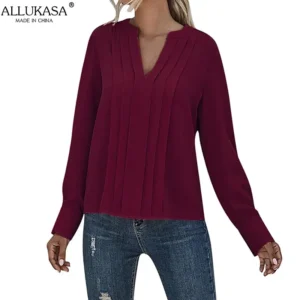 Allukasa Women Chiffon Blouse Female V Neck Casual Long Sleeve Pleated Solid Color Pullover Fashion Office Shirt Ladies Clothing - Image 5