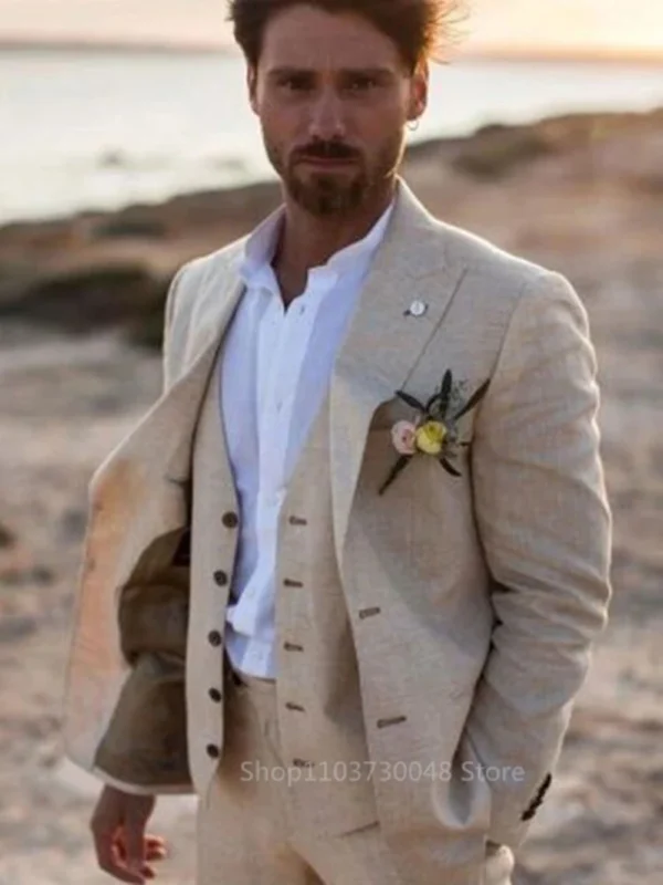 3 Pieces Wedding Men Groom Tuxedo Formal Suit British Style Summer Costume Hommes Slim Fit Peak Lapel Blazer (Jacket+Vest+Pants) - Image 3