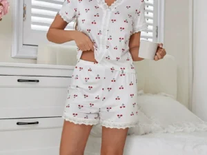 Sexy Pajamas Women V-Neck Lace Cherry Print Short-Sleeved Shorts Striped Fancy Sleepwear 2 Piece Set Home Wear Student Nightwear