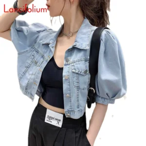Summer Thin Basic Korean Fashion Baggy Denim Jacket Dress Suit Pants Matching Short Puff Sleeve Crop Top Jeans Jacket Women 2022 - Image 3