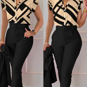 Womens Elegant Slim Two-Piece Sets Summer Fashion Print V Neck Button Flying Sleeve Shirt Top & Solid Long Pants Suits With Belt