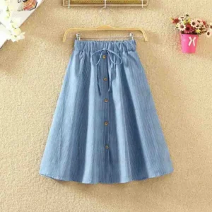Women's A-Line Solid Color Denim Skirt Spring Summer Breathable Cotton Single-Breasted High-Waist Mid-Length Skirt All-match