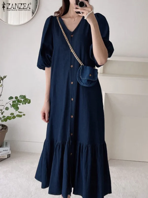 ZANZEA Women Denim Blue Robes Longue Oversized Fashion Summer Puff Sleeve Maxi Vestidos Retro Dress Casual Solid Baggy Sundress - Image 5