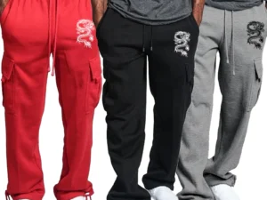 Men Fashion Pants dragon print Solid Color Pockets Baggy Pants Casual Loose Trousers High Waist Drawstring Cargo Pants