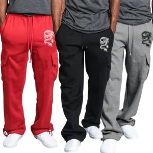 Men Fashion Pants dragon print Solid Color Pockets Baggy Pants Casual Loose Trousers High Waist Drawstring Cargo Pants