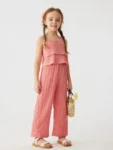 2024 Solid Summer Girls' Sling Pants Set with Wave Stripes Two piece Princess Style Casual Fashion Set