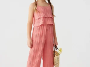 2024 Solid Summer Girls' Sling Pants Set with Wave Stripes Two piece Princess Style Casual Fashion Set