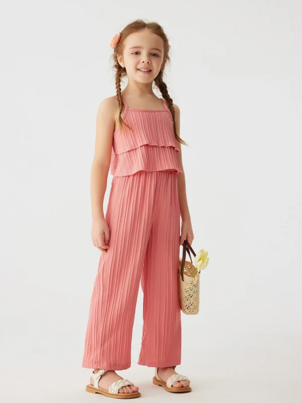 2024 Solid Summer Girls' Sling Pants Set with Wave Stripes Two piece Princess Style Casual Fashion Set