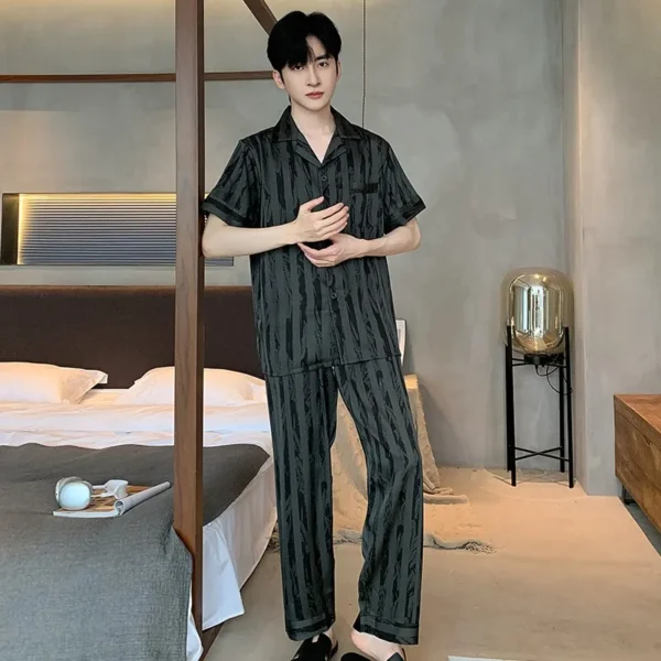 Plus Size Men Black Striped Short-Sleeve Long Pants Thin Pajama Set Cardigan Homewear Nightwear Youth Student Simple Sleepwear - Image 6