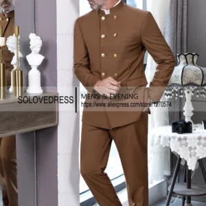 2 Piece Stand Collar Double-Breasted Chinese Style Men's Suits With 3 Real Pocket Wedding SuitsTailored Fit (Blazer+Pants) - Image 4