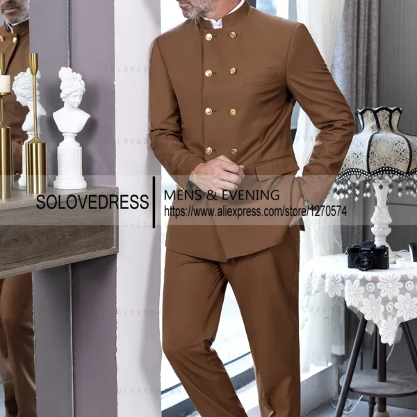 2 Piece Stand Collar Double-Breasted Chinese Style Men's Suits With 3 Real Pocket Wedding SuitsTailored Fit (Blazer+Pants) - Image 4