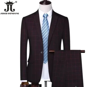 ( Blazer + Pants ) Classic Plaid Men's Casual Business Suit 2 Piece Set High-end Brand Groom Wedding Tuxedo Jacket and Trousers - Image 3