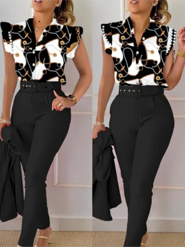 Womens Elegant Slim Two-Piece Sets Summer Fashion Print V Neck Button Flying Sleeve Shirt Top & Solid Long Pants Suits With Belt - Image 3