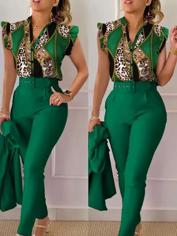 Womens Elegant Slim Two-Piece Sets Summer Fashion Print V Neck Button Flying Sleeve Shirt Top & Solid Long Pants Suits With Belt - Image 6