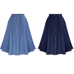 Women's Denim Jean Skirt High Waist Button Pleated Midi Skirt With Elastic Waist Knee Length Summer Dress - Image 7