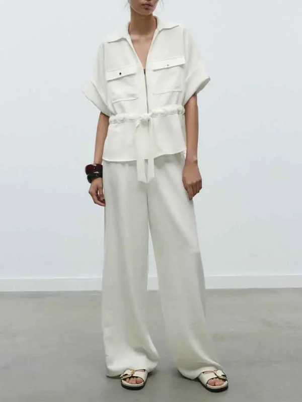 European style new women's fashion solid color crepe comfortable short-sleeved lapel shirt trousers suit - Image 3