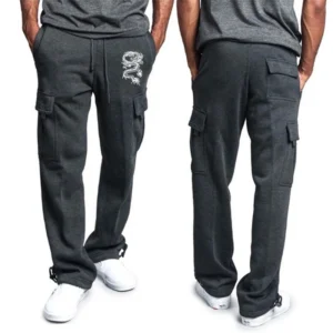 Men Fashion Pants dragon print Solid Color Pockets Baggy Pants Casual Loose Trousers High Waist Drawstring Cargo Pants - Image 7