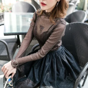 Women Fashion T-Shirts Tulle Mesh Versatile Long Sleeve Ladies Printed Tops Casual Thin Base Blouses Lace Sheer Blouses - Image 7