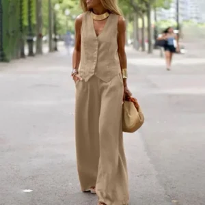 Casual Tank And Wide Leg Pant Sets 2 Piece Sets Women Outfit Summer Elegant Solid Cotton Linen Tops Trousers Suit Femme 5XL - Image 4