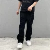 Letter Embroidery Black Men's Baggy Jeans Dark Style Hip Hop High Street Loose Straight Man Jeans American Retro Y2K Man Pants - Image 4