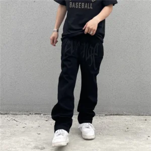 Letter Embroidery Black Men's Baggy Jeans Dark Style Hip Hop High Street Loose Straight Man Jeans American Retro Y2K Man Pants - Image 4