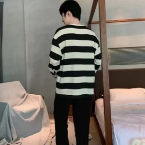 Striped Plus Size Men Pajamas Summer Long Sleeve Casual Sports Loose Black Round Neck T-Shirt and Long Pants Two-Piece Set - Image 4