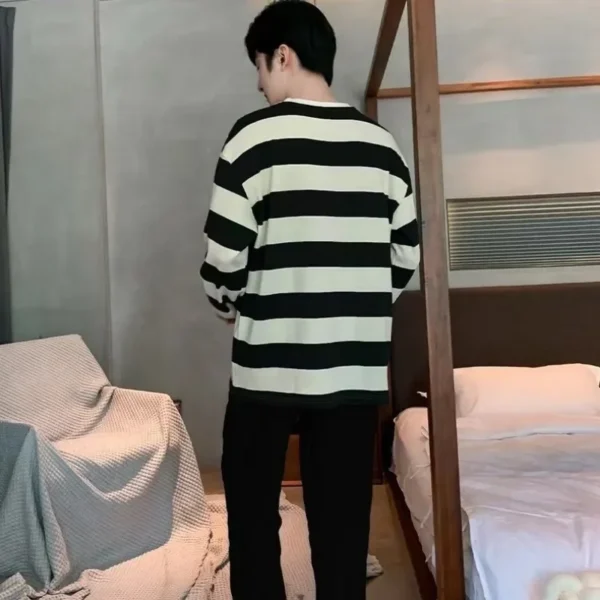 Striped Plus Size Men Pajamas Summer Long Sleeve Casual Sports Loose Black Round Neck T-Shirt and Long Pants Two-Piece Set - Image 4
