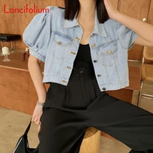 Summer Thin Basic Korean Fashion Baggy Denim Jacket Dress Suit Pants Matching Short Puff Sleeve Crop Top Jeans Jacket Women 2022 - Image 5