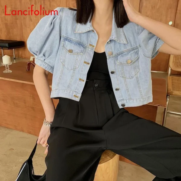 Summer Thin Basic Korean Fashion Baggy Denim Jacket Dress Suit Pants Matching Short Puff Sleeve Crop Top Jeans Jacket Women 2022 - Image 5