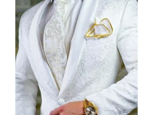 Handsome Men Suits White Jacquard One Button Shawl Lapel Slim Fit Blazer Elegant Business Prom Party 2 Piece Jacket Pants Sets