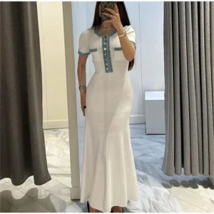 Elegant Contrasting Women Knit Maxi Dress Chic O-neck Short Sleeve Metal Buttons Bodycon Dresses Office Lady Commuting Robe - Image 6