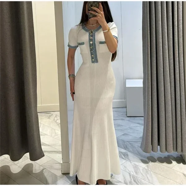 Elegant Contrasting Women Knit Maxi Dress Chic O-neck Short Sleeve Metal Buttons Bodycon Dresses Office Lady Commuting Robe - Image 6