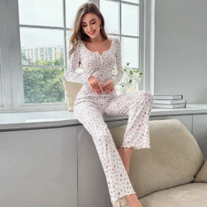 Sleepwear Women Floral Print Lettuce Trim Top with Long Pant Lovely Loungewear Full Sleeve Nightwear Spring Autumn Pajamas Set - Image 4