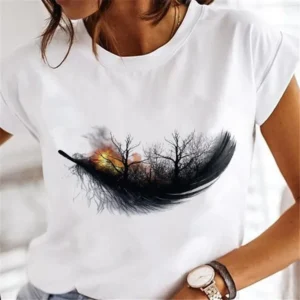 Women's Short-sleeved T-shirt Feather Fashion Print Instagram Base Shirt Women Clothes Tops Aesthetic Clothes Graphic T Shirts - Image 6