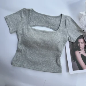 T-shirt Woman clothing Square Neckline tops Short Sleeve crop top with bras for women girls sexy street wear Backless top tees - Image 6