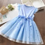 Sweet Girls Summer Clothes Flying Sleeves Bow Sequin Dress 2-6Y Kid Birthday Party Blue Fluffy Tutu Princess Dress for Baby Girl