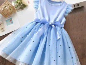 Sweet Girls Summer Clothes Flying Sleeves Bow Sequin Dress 2-6Y Kid Birthday Party Blue Fluffy Tutu Princess Dress for Baby Girl