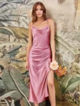 Vintage Satin Silk Bridesmaids Dresses Spaghetti Straps Evening Dress Sexy Side Slit Slim Fit Midi Bridal Wedding Party Gowns