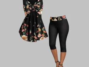 Floral Printed Casual Women Plus Size Two-Piece Set Knotted Ruched V-neck Sleeveless Summer Vest Tee And Slim Yoga 5-Point Pants