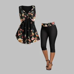 Floral Printed Casual Women Plus Size Two-Piece Set Knotted Ruched V-neck Sleeveless Summer Vest Tee And Slim Yoga 5-Point Pants