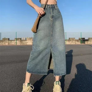 Summer New High-waist Slit Denim Skirt For Women Washed Retro A- line Skirt Hip-covering Straight Long Skirt - Image 5