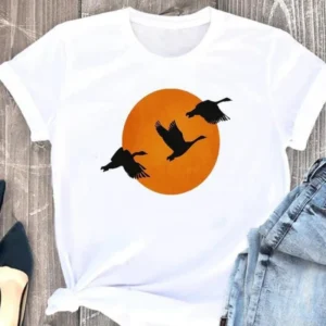 Garment Top Cute Simple Aerial Bird Print Short Sleeve T-shirt Vintage Clothes Harajuku Women Clothes Oversized T Shirt - Image 5