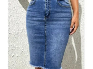 ﻿ ﻿ Women High Waist Denim Skirts Ladies Stretch Jeans Knee Length Casual Bodycon Skirt