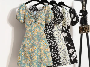 Women Mini Dresses Summer Fashion Female Vestidos Print Floral Chiffon Dresses Shirring Pleated Short Puffy Sleeve Casual Dress