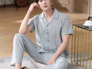 Summer Striped Pyjamas Men Print Casual Cotton Sleepwear Mens Lounge Wear Short Sleeve Tops Long Pants Cardigan Pajamas