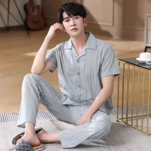 Summer Striped Pyjamas Men Print Casual Cotton Sleepwear Mens Lounge Wear Short Sleeve Tops Long Pants Cardigan Pajamas