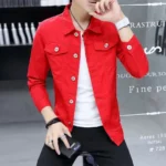 Men's Denim Jacket Red Korea Male Jean Coats Slim Fit Low Cost Fast Delvery Big Size Lxury in Lowest Price Branded Menswear Worn