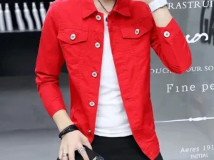 Men's Denim Jacket Red Korea Male Jean Coats Slim Fit Low Cost Fast Delvery Big Size Lxury in Lowest Price Branded Menswear Worn