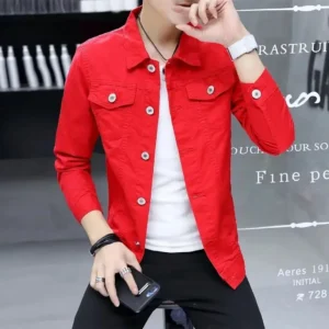 Men's Denim Jacket Red Korea Male Jean Coats Slim Fit Low Cost Fast Delvery Big Size Lxury in Lowest Price Branded Menswear Worn
